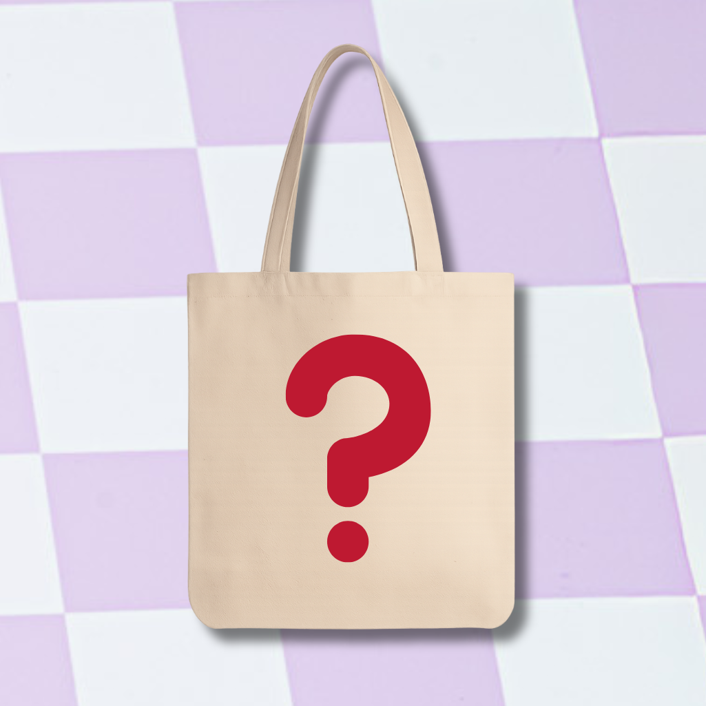 Beige tote bag with a red question mark on a checkered purple and white background