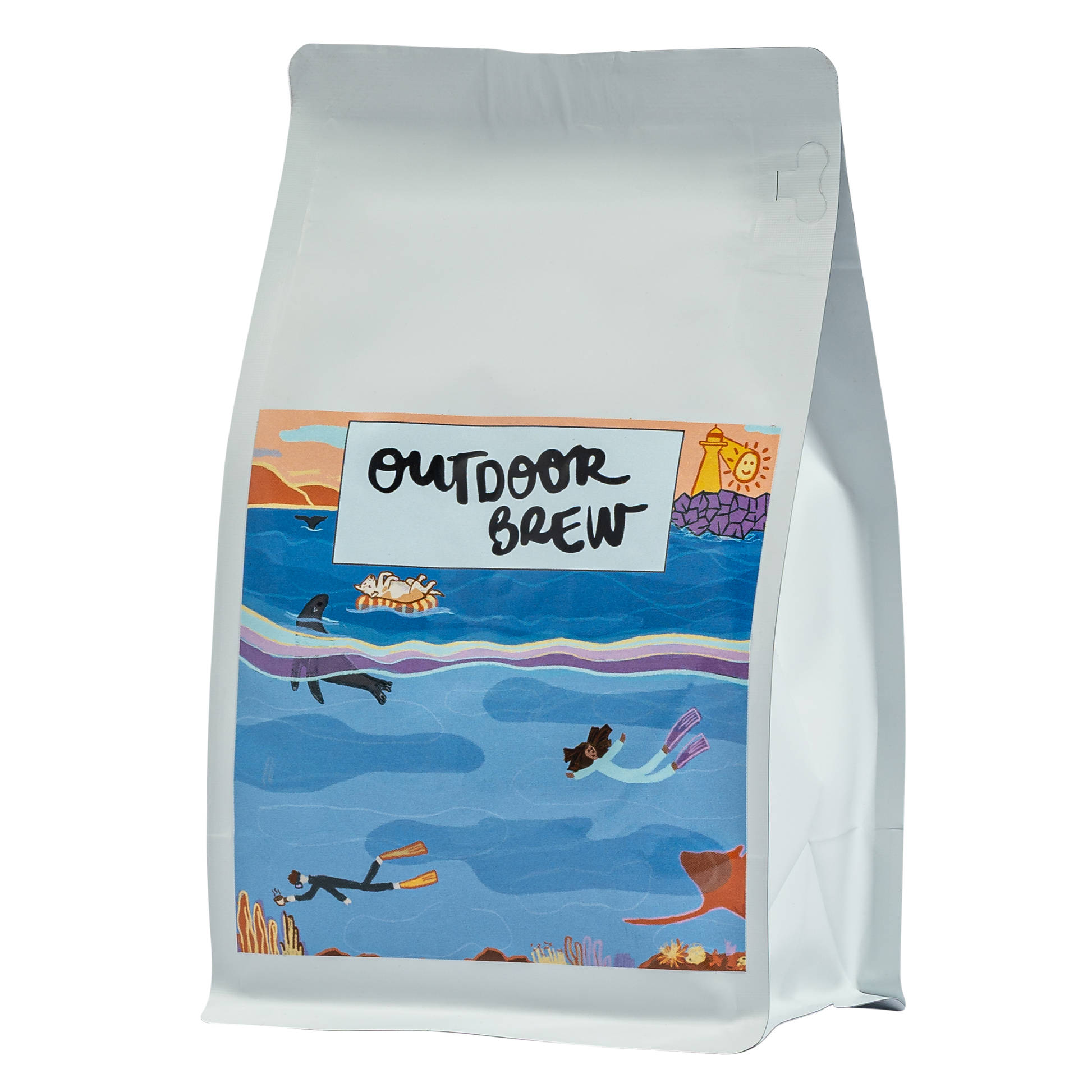 Coffee bag with 'Outdoor Brew' label featuring a scenic underwater design of a dark harbour. for our single origin sumatran coffee bean