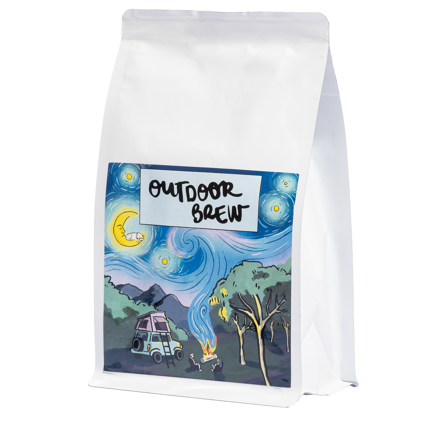 White coffee bag with 'Outdoor Brew' label featuring a night sky and camping scene on a white background
