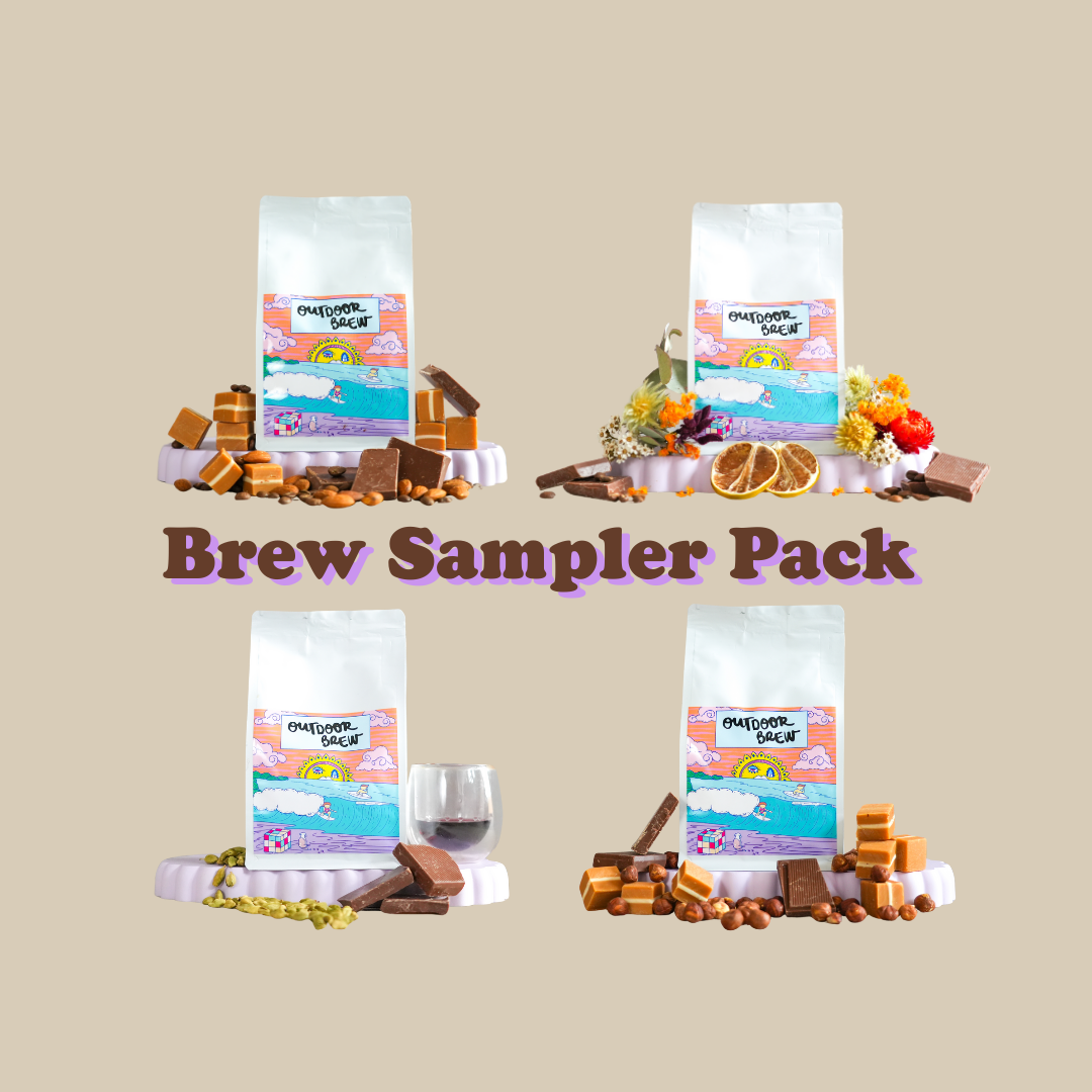 Outdoor Brew Coffee Sampler Pack – 4 x 250g of specialty coffee, including Caramel Dunes, Malt Meadow, Tropical Trail, and Coco Cliffs. Perfect for espresso, filter, AeroPress, French press and cold brew. Freshly roasted in Sydneys Eastern Suburbs and delivered Australia-wide.