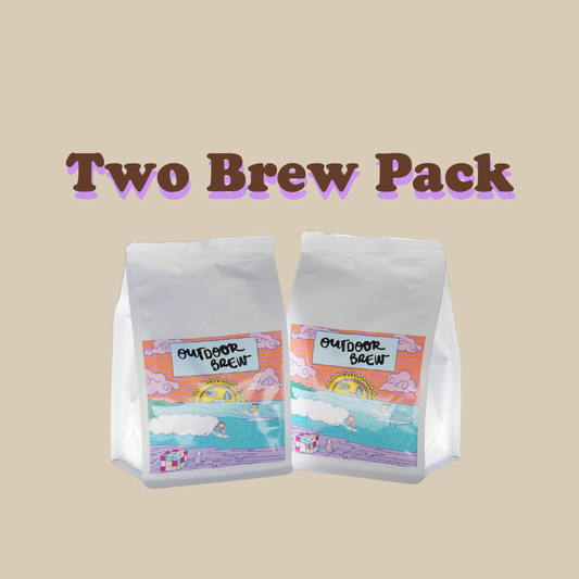 Outdoor Brew Two-Brew Coffee Pack – choose 2 flavors from Caramel Dunes, Malt Meadow, Tropical Trail, Coco Cliffs and Dark Harbour. Freshly roasted coffee beans for home brewing, espresso, AeroPress, filter and cold brew coffee.
